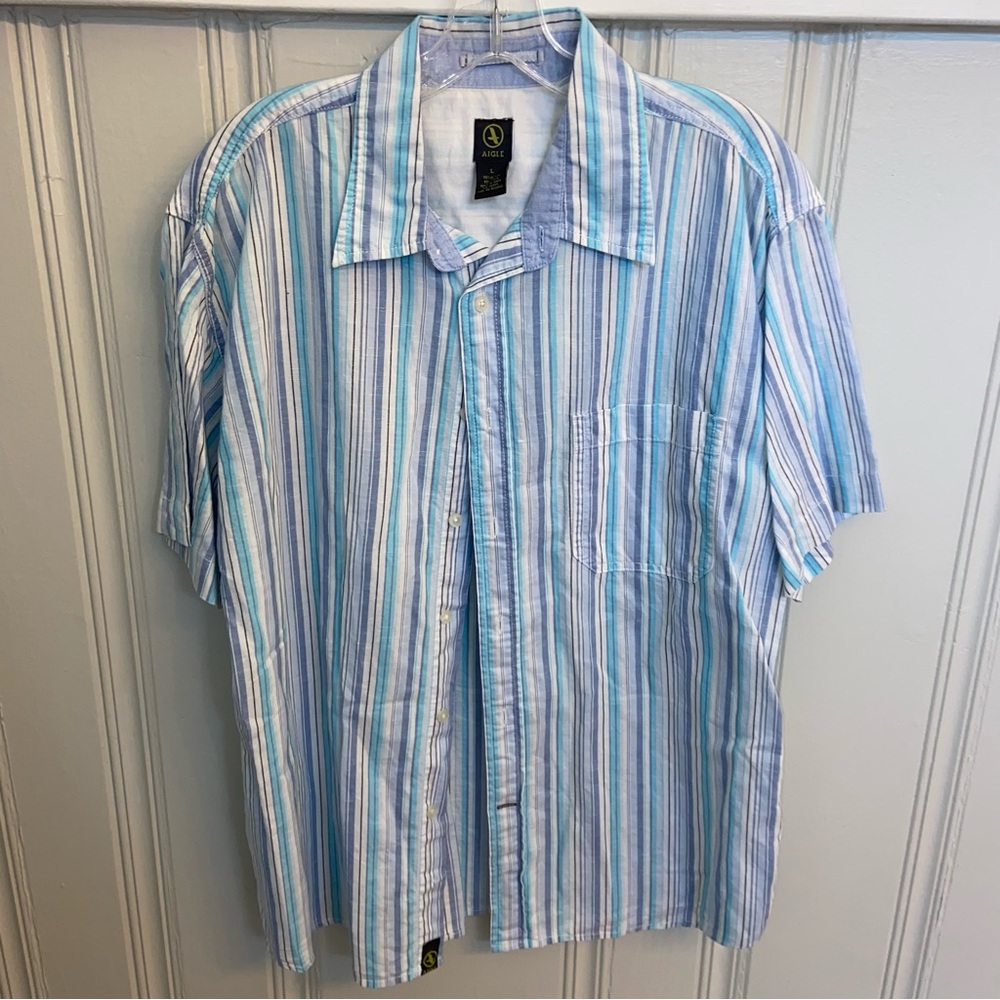 Striped blue AIGLE linen blend summer tropical shirt